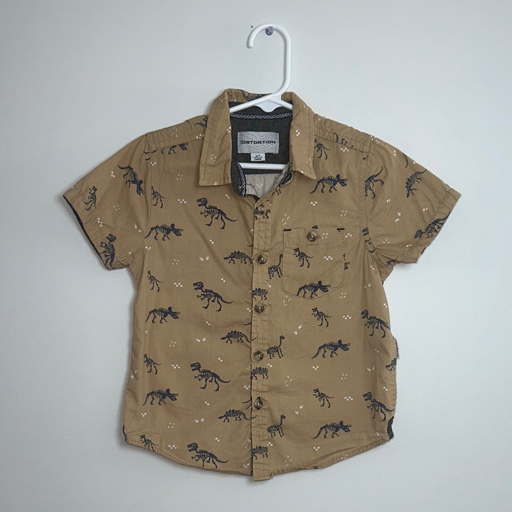Tan Dinosaur Print Kids Button-Down Shirt